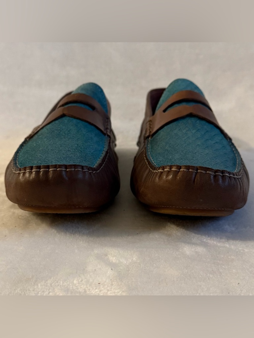 Bacco Bucci Albatros Leather Penny Loafers Tan Blue Suede - Picture 5 of 14
